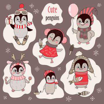 Christmas set with six cute penguins and snowflakes