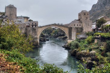 Stari Most, a 16th century Ottoman bridge across the river Neretva in the city of Mostar