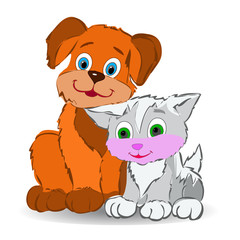 Fototapeta na wymiar Friendship, Dog and kitten sitting leaning against each other, cartoon on white background,