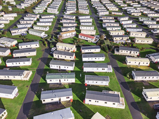 Caravan and camping, static home aerial view. Porthmadog holiday park taken from the air by a drone