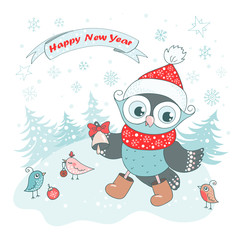 Christmas Greeting Card with cute owl, birds and snowflakes