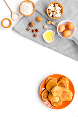 Ingredients for cook american pancakes on white background top view copyspace