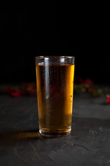 a glass of fresh grape juice and a branch with red berries on a dark background