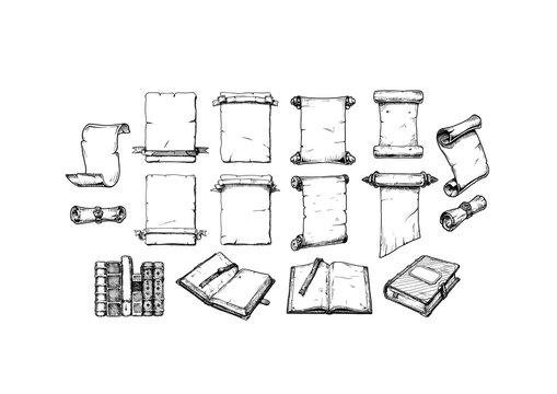 Old scroll and vintage book set.