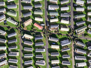 Caravan and camping, static home aerial view. Porthmadog holiday park taken from the air by a drone