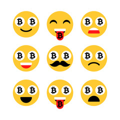 Bitcoin emoji, emoticons or smile. Emotional icons and signs isolated. Vector