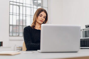Fototapeta premium Woman working on laptop at her desk in the office