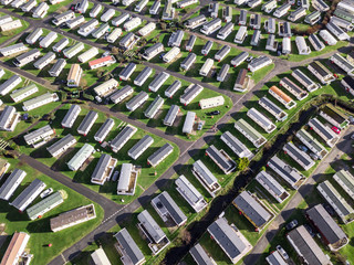Caravan and camping, static home aerial view. Porthmadog holiday park taken from the air by a drone