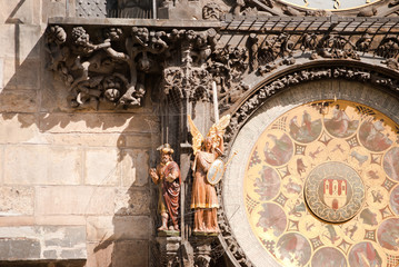 Architectural elements of a Catholic cathedral designed with beautiful statues. Prague, Czech Republic. 