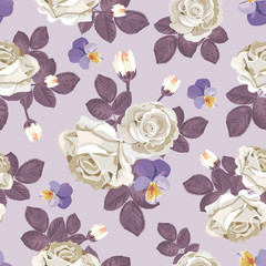 Retro floral seamless pattern. White roses with violet leaves, pansies on light purple background. Vector illustration