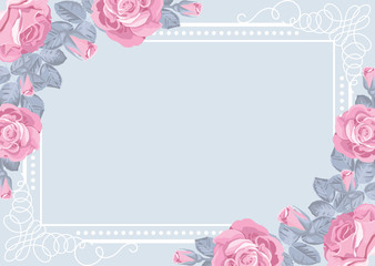 Floral card template. Pink roses with frame. Greeting card. Vector illustration.