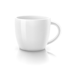 Realistic ceramic white cup. Vector illustration isolated on white background, ready and simple to use for your design. The mock-up will make the presentation look as realistic as possible. 