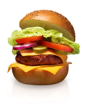 Hamburger with cheese, pickles, tomato, onions and lettuce