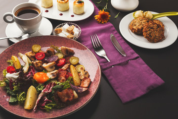 Restaurant breakfast with warm potato salad