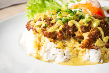 Fried pork with rice and yellow curry sauce. Oriental food. Served on white plate with salad. Spicy and sweet taste.