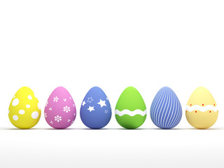 Six colored easter eggs on white background