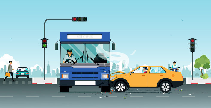 An accident on a bus collides with a personal vehicle due to traffic light violations.