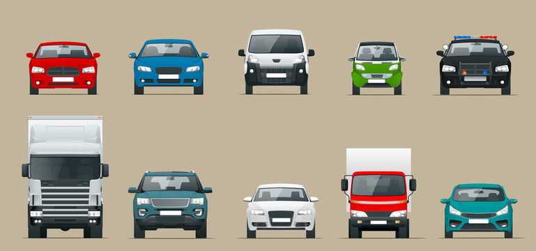 Car front view set. Vehicles driving in the city. Vector flat style cartoon illustration isolated on grey background