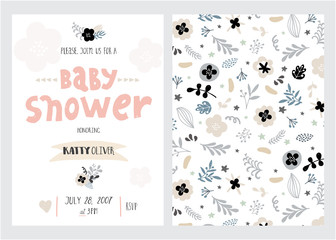Baby shower girl and boy posters, vector templates. Vintage style with leaves, flowers, lettering. Cards with hand drawn text and elements on white background