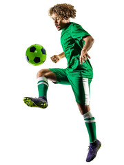 Naklejka premium one mixed race young teenager soccer player man playing in silhouette isolated on white background