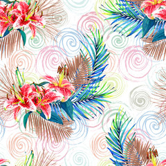 Seamless floral pattern with beautiful watercolor palm leaves and lilies. Colorful jungle foliage with bronze metallic elements on swirl background. Textile design.