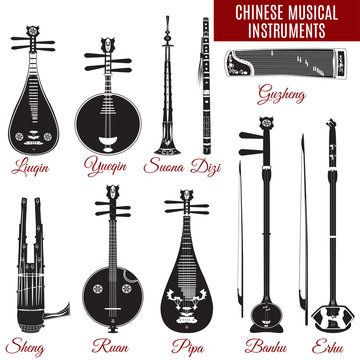 Vector set of black and white chinese musical instruments