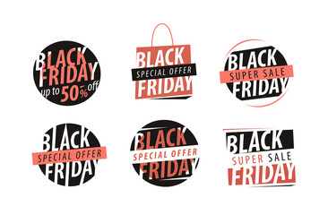 Black Friday, banner. Sale, closeout, shopping emblem or label. Set of icons vector illustration