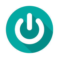Power button circle icon with long shadow. Flat design style. Power on off button simple silhouette. Modern, minimalist, round icon in stylish colors. Web page and mobile app design vector element.