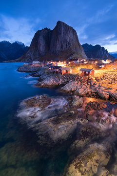 Fishermen’s cabins in the Hamnoy village at night, Lofoten Islands, Norway