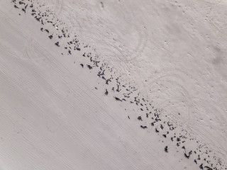 Aerial View looking down on a Welsh Beach in the UK. Looking straight down at the great expanse of a textured sandy beach, Taken 400 feet in the air by a drone.
