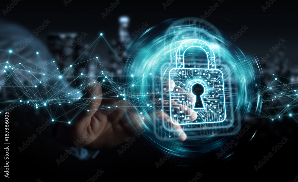 Poster businessman using digital padlock with data protection 3d rendering