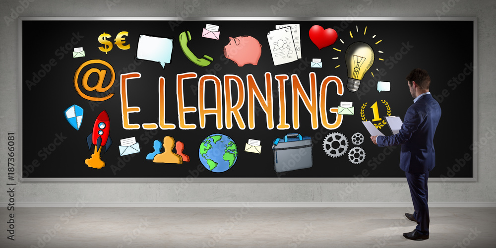Poster businessman watching e-learning sketch on a board 3d rendering