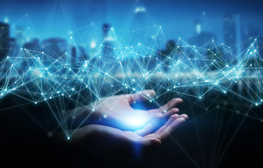 Businesswoman using flying network connection 3D rendering