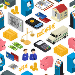 Bank Seamless Pattern Background Isometric View. Vector