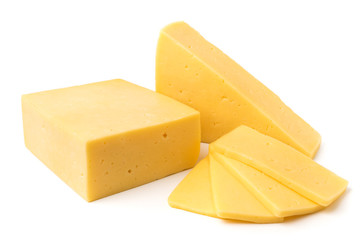 Cheese chunks on a white background, close-up.