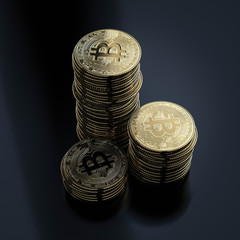 stack of bitcoins on black background future of economy