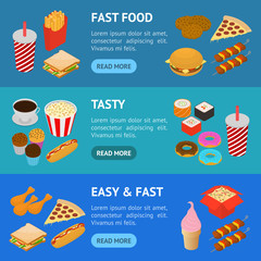 Fast Food Banner Horizontal Set Isometric View. Vector