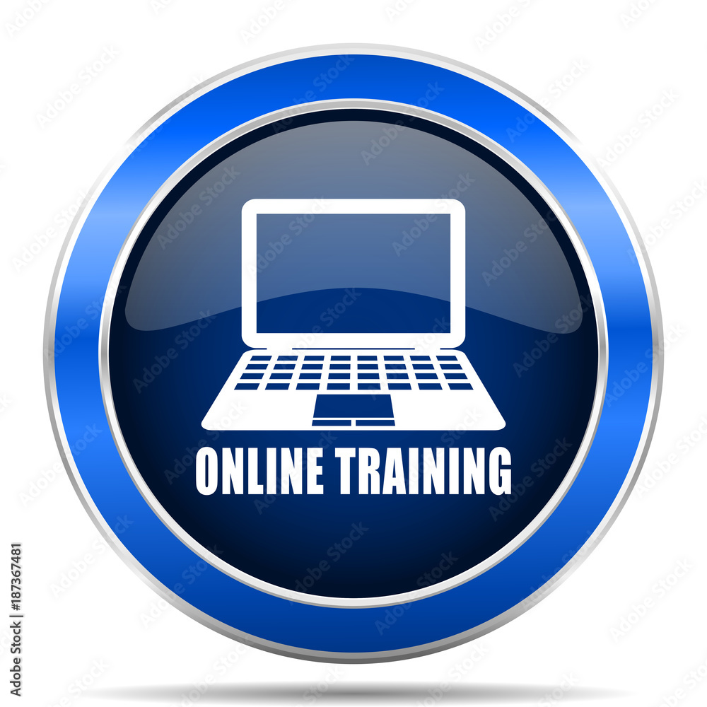 Poster online training vector icon. modern design blue silver metallic glossy web and mobile applications b