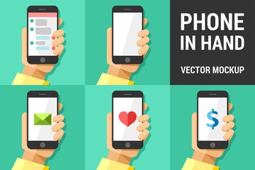 Hand using vector mobile phone on colored illustration background mockup pack 2