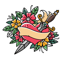 Heart pierced with dagger. Retro tattoo. Heart with ribbon and flowers. Old school retro vector illustration.