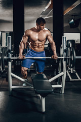 Handsome power athletic man on diet training pumping up muscles with dumbbell and barbell. Strong bodybuilder, perfect abs, shoulders, biceps, triceps and chest