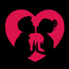 Silhouettes of loving couple on background of red heart.Man and woman are kissing.Vector illustration for Valentines Day