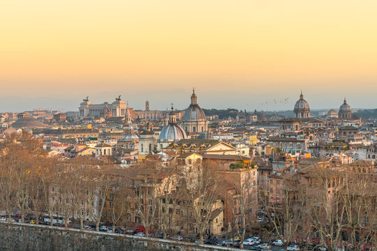Rome, skyline view at su set from Castel sant'angelo. Italy.