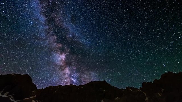 Milky way Time Lapse and stars rotating over the majestic Italian French Alps in summertime. Sliding version.