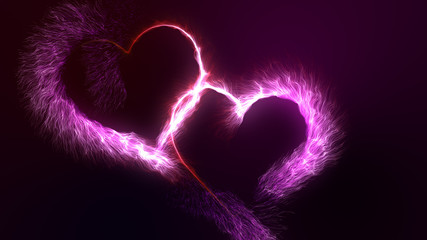 Valentine's day two connected glowing red and pink bright particle hearts with flourish and bokeh glitter particles. Beautiful love symbol for Saint Valentine's holiday. Ultra HD
