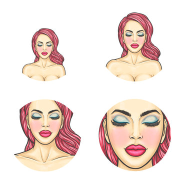 Vector pop art avatar, icon - sexy woman s face with colored dyed hair, bright makeup for chat, blog, networking. Pin up fashion model with naked breast. Beauty glamour illustration.