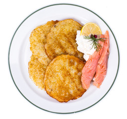 Potato pancakes with smoked salmon and cheese cream