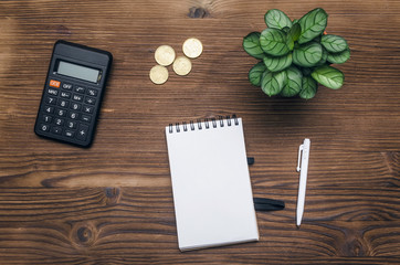 Tax inspector or banker desk table background. Notepad with copy space, pen, calculator and green...