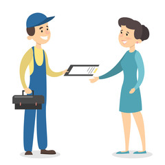 Plumber man with client.