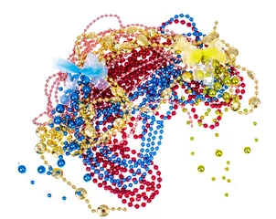 Fotobehang Shiny multi colored mardi gras beads including blue, red, gold and pink on white background © ArtCookStudio